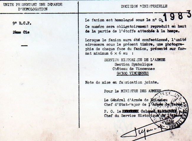 " Dossier d'homologation du Fanion de la 2° Compagnie sous le numero G:1983"  